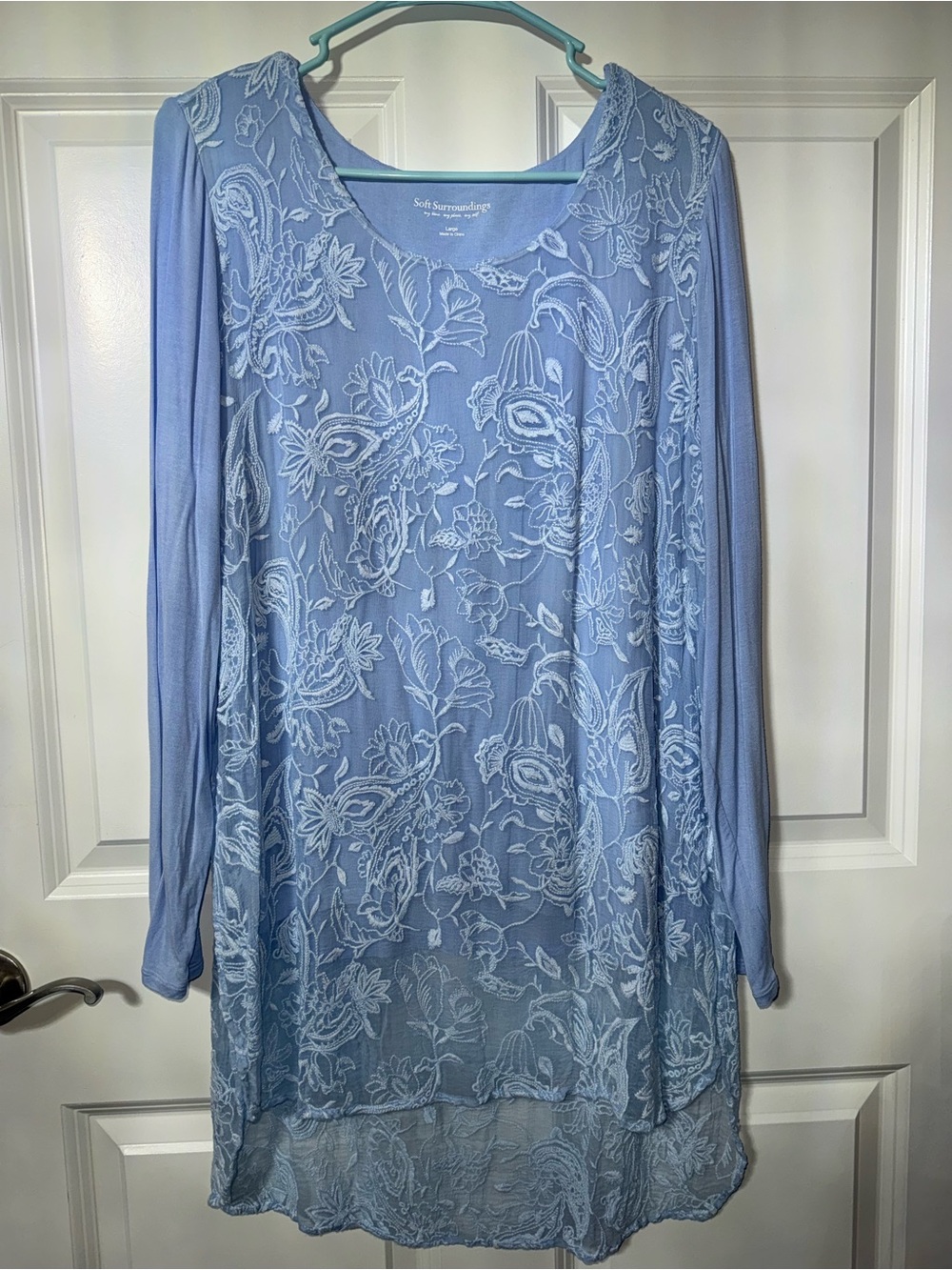 Soft Surroundings Powder Blue lacy embroidered, overlay Tunic L